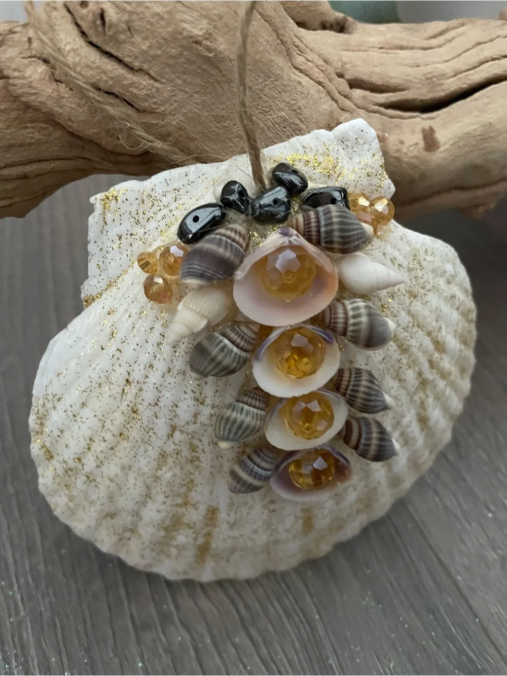 Seashell Ornament Handmade 4.5-5” Gold Beaded Coastal Beach Festive Christmas